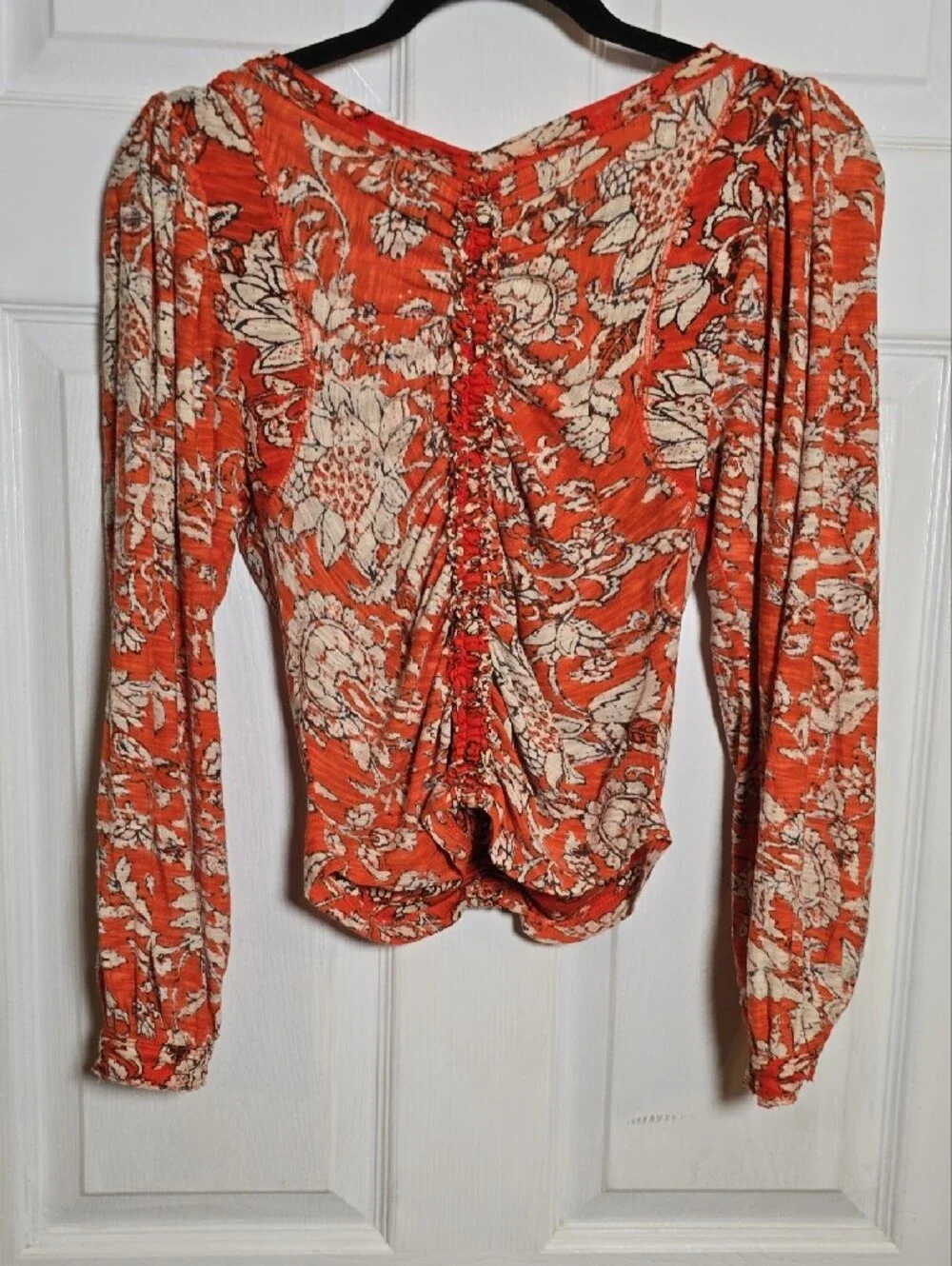 Free People XS Orange Floral Ruched V-Neck Long Sleeve Top